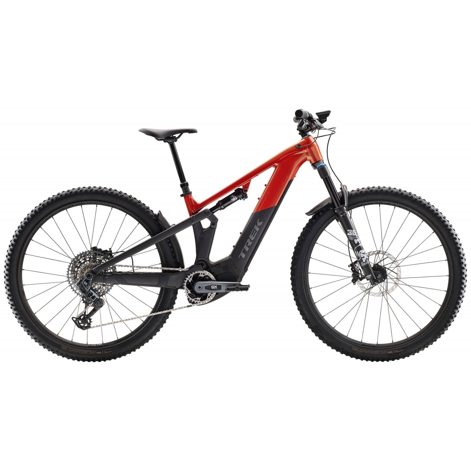 Trek Powerfly FS+ 8 2025 electric mountain bike with Gen 4 motor and SRAM GX AXS drivetrain, showing the bike's frame and components.