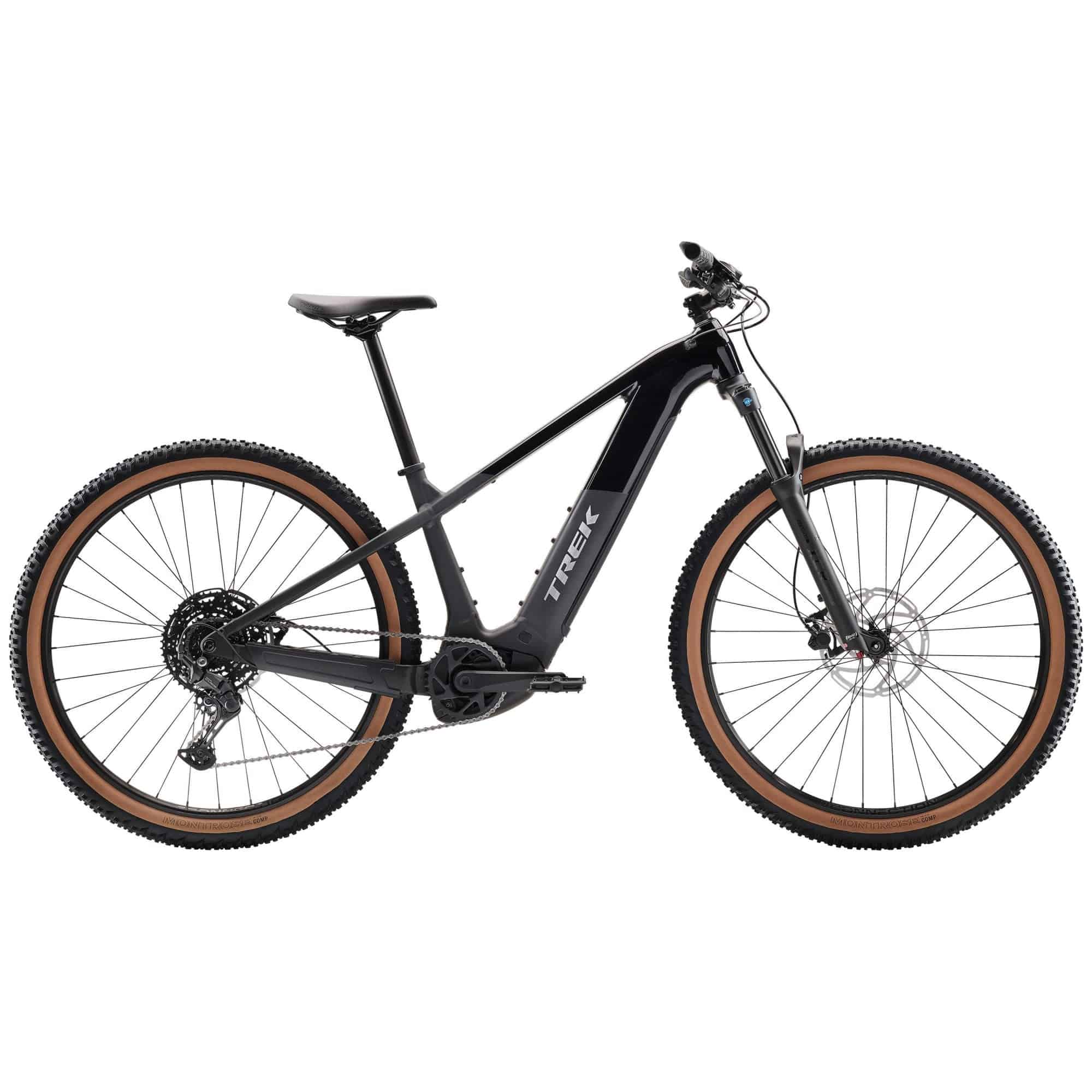 Trek Powerfly+ 4 electric mountain bike with Shimano CUES 10-speed and SR Suntour suspension fork, shown from side view.