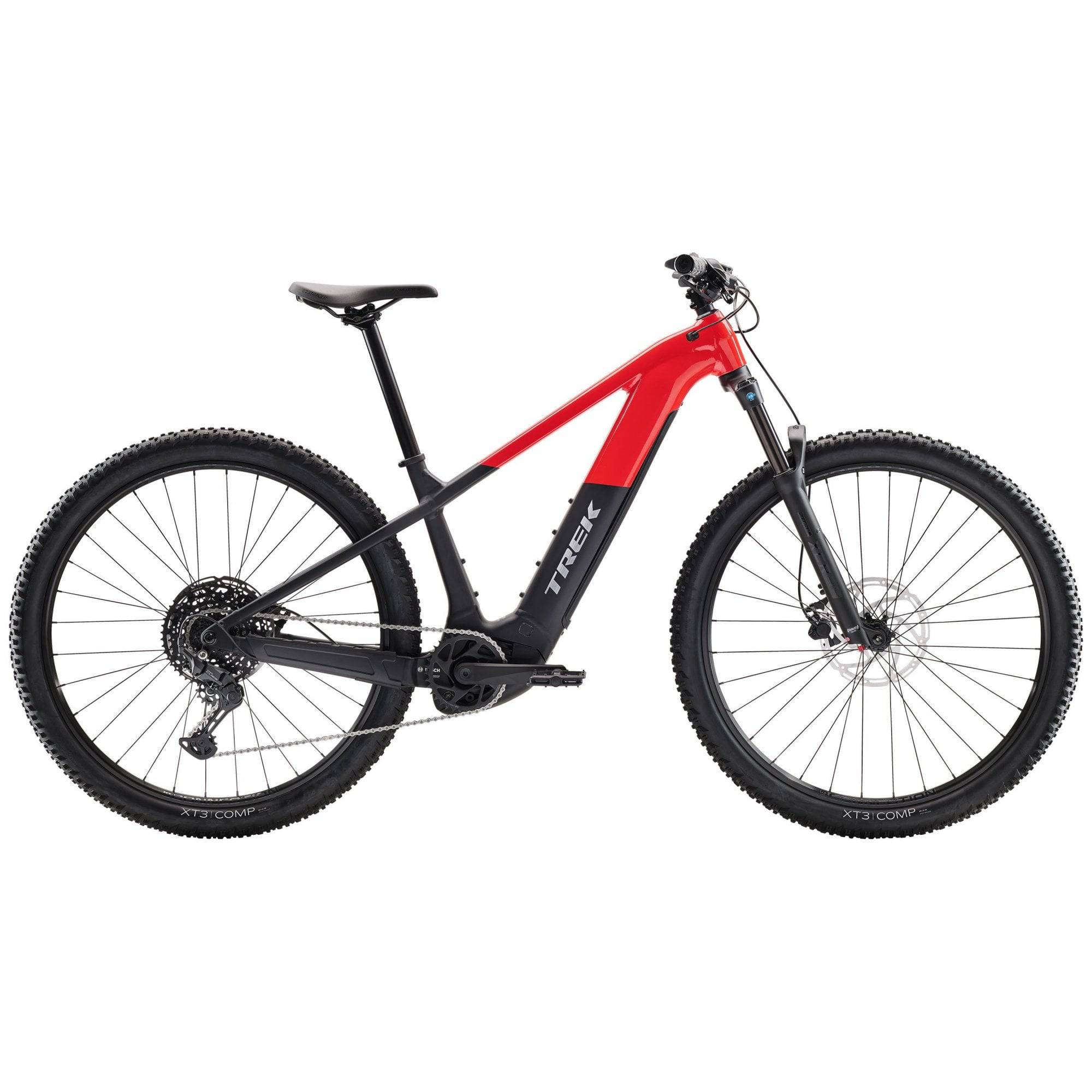 Trek Powerfly+ 4 electric mountain bike with Shimano CUES 10-speed and SR Suntour suspension fork, ready for off-road riding.