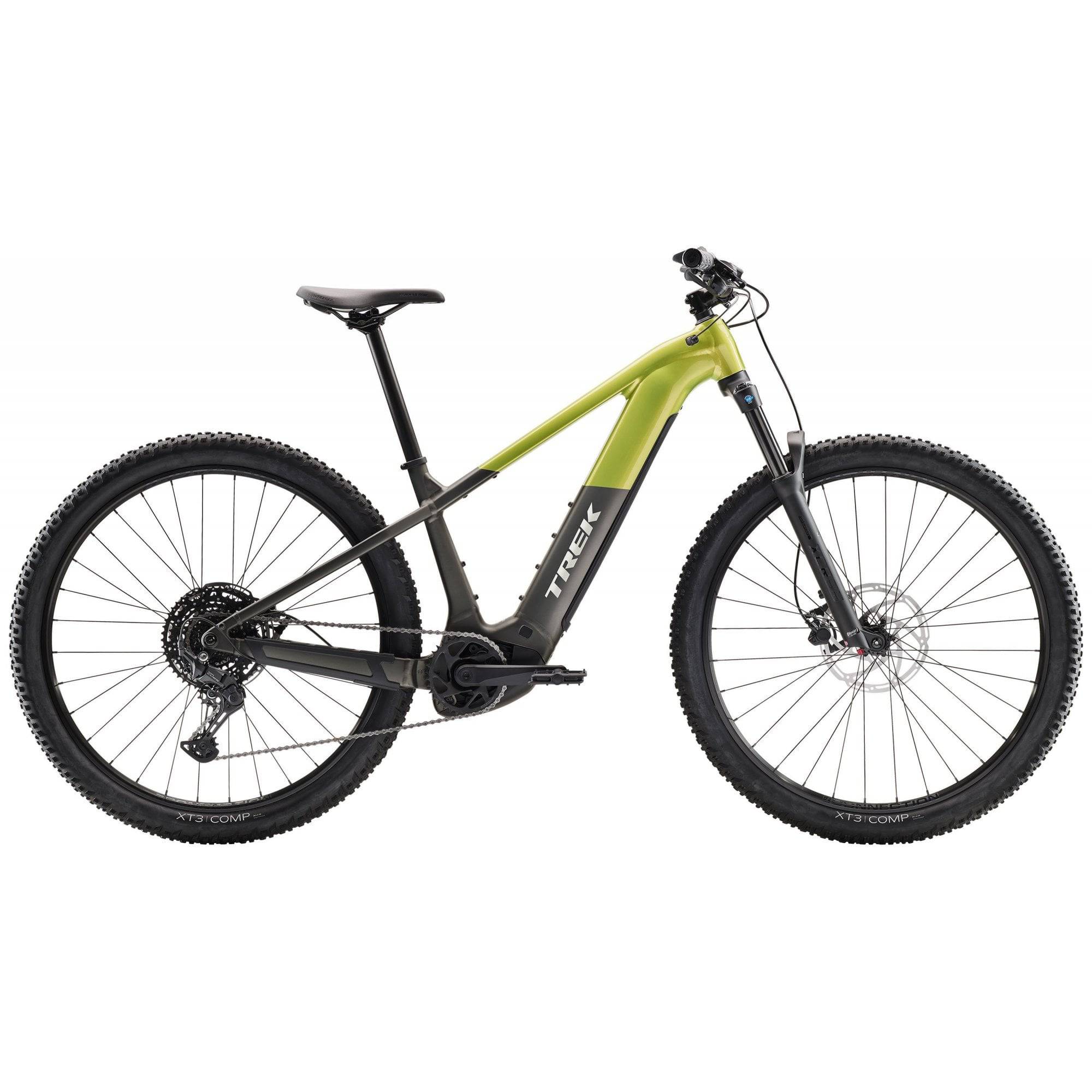 Trek Powerfly+ 4 electric mountain bike with Shimano CUES 10-speed and SR Suntour suspension fork, ready for rugged trail riding.