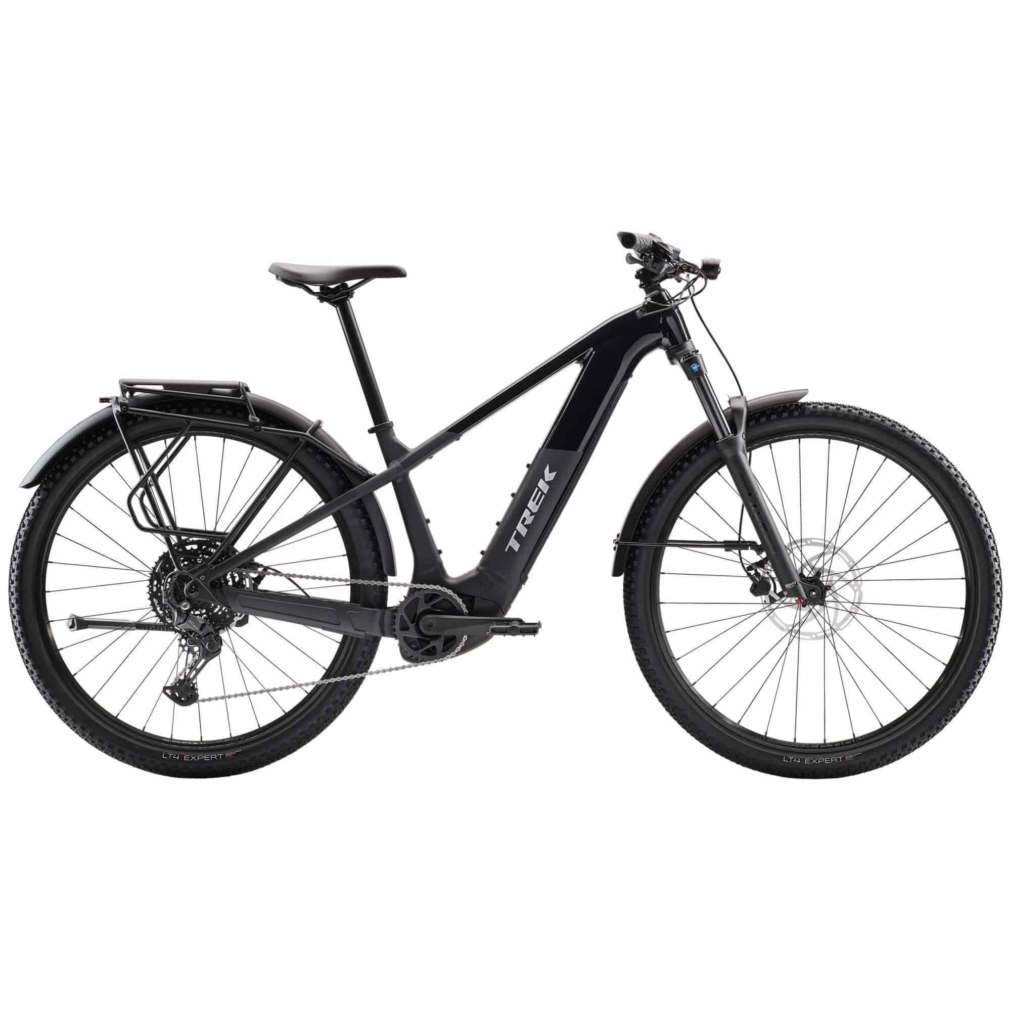 Trek Powerfly+ 4 EQ electric mountain bike with 29-inch wheels and Gen 5 motor, black frame and mountain bike components.