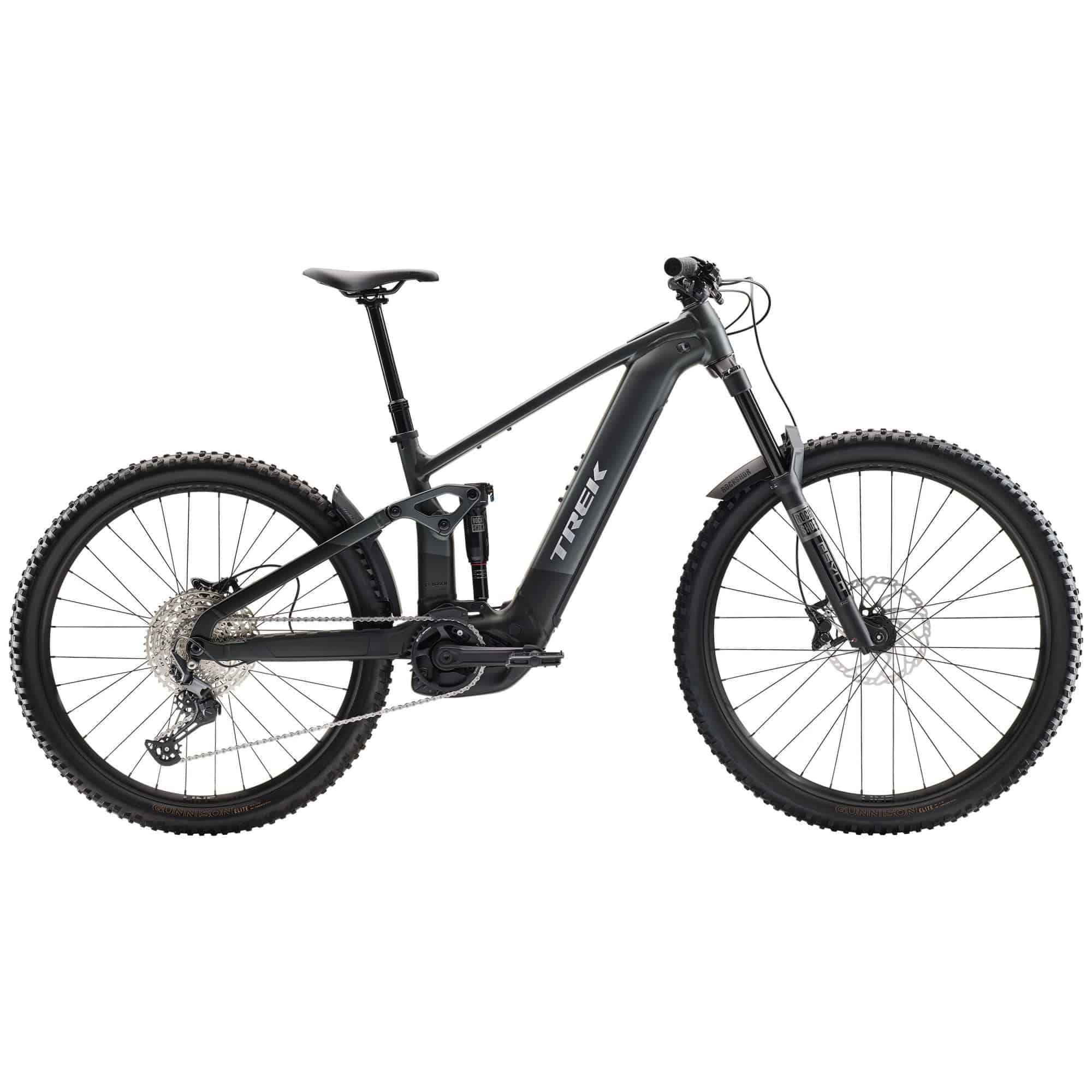 Trek Rail+ 5 Gen 5 electric mountain bike with 29-inch wheels and Shimano Deore M6100 gears, suited for off-road riding.
