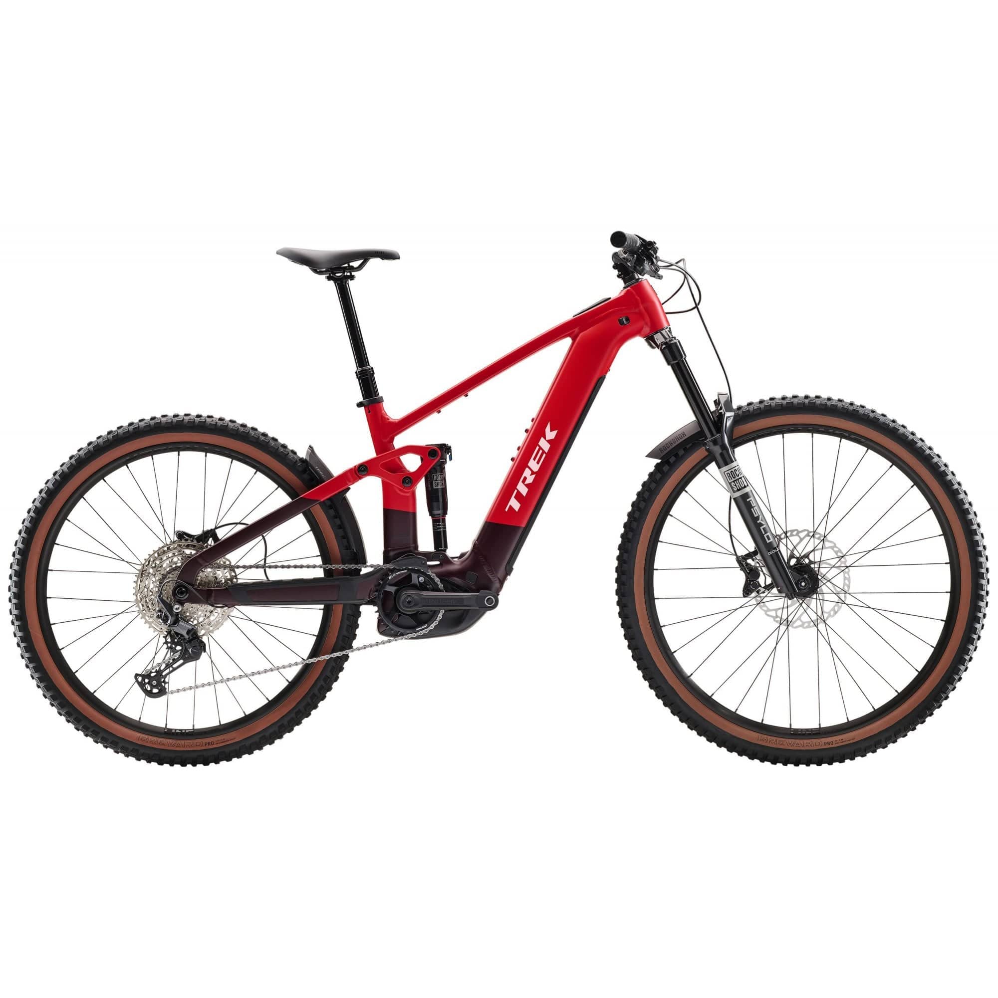 Trek Rail+ 5 Gen 5 electric mountain bike with 29-inch wheels and Shimano Deore M6100 components, black frame.