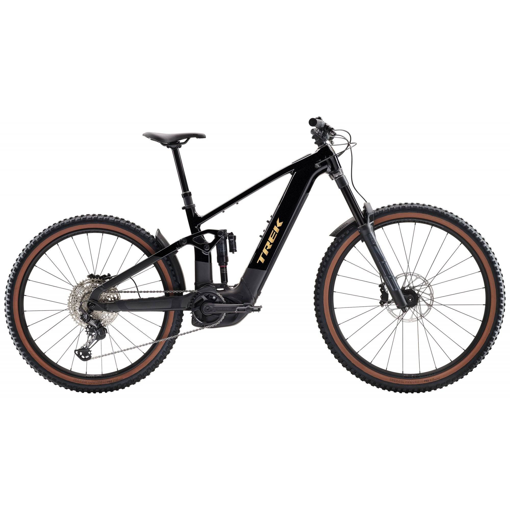 Trek Rail+ 8 electric mountain bike with Gen 5 motor and Shimano Deore XT groupset, showing the sturdy frame and mountain bike tires.