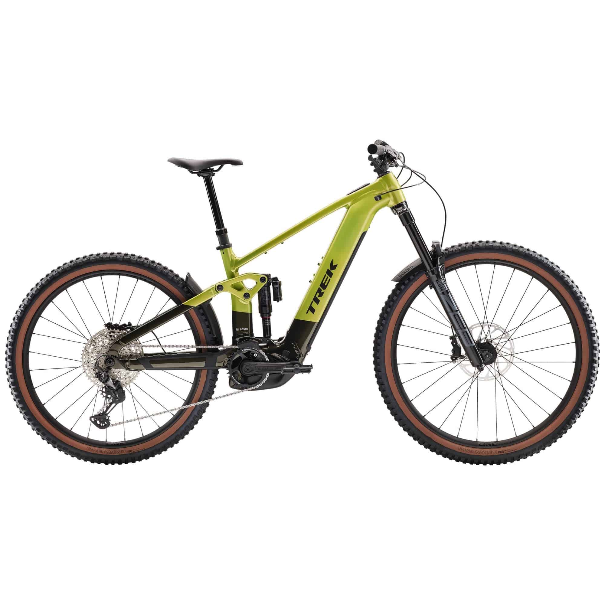 Trek Rail+ 8 electric mountain bike with black frame, suspension fork, Shimano Deore XT gears, and Bosch Gen 5 motor.