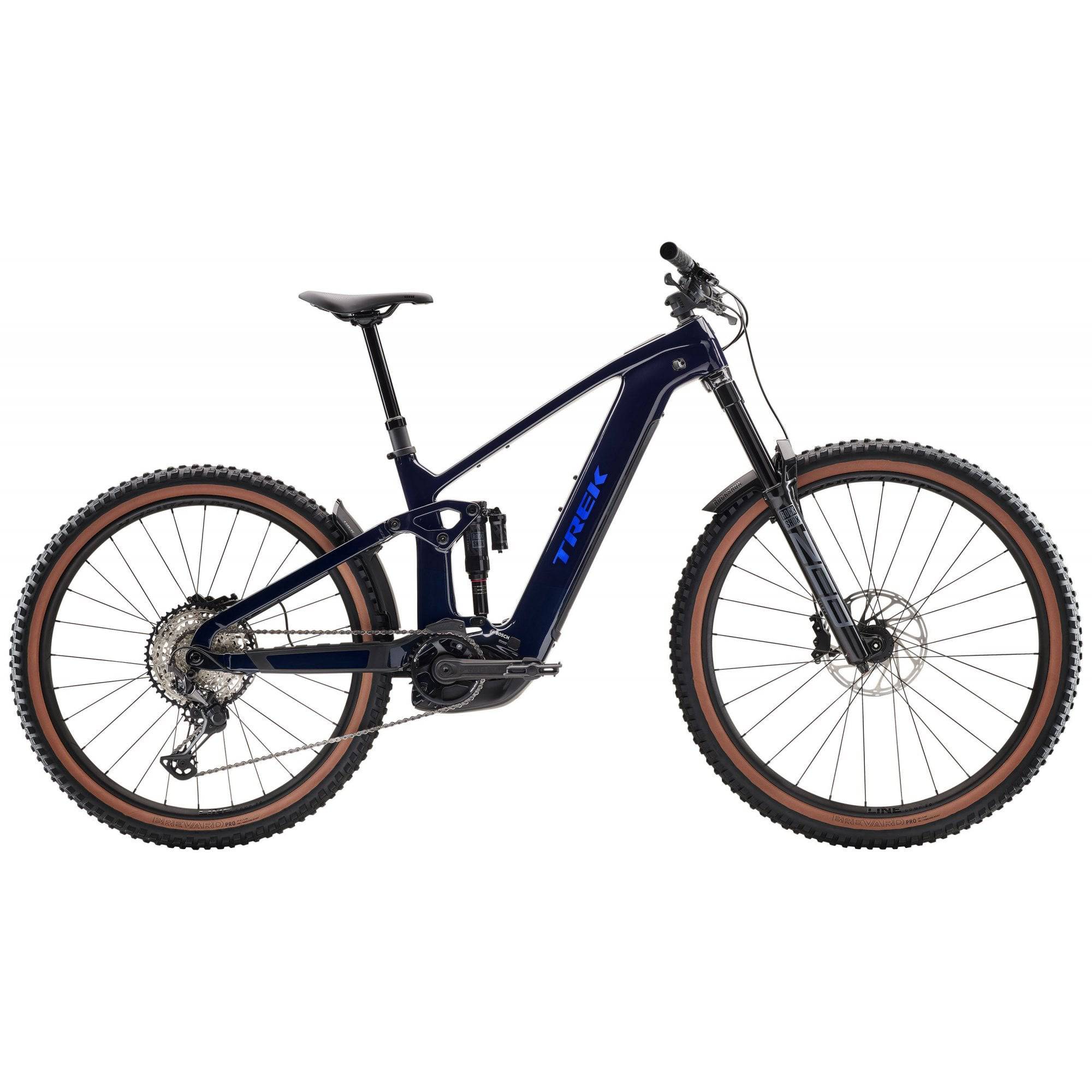 Trek Rail+ 9.7 2025 e-Mountain Bike with Gen 5 electric system and Shimano Deore XT components, shown from side view