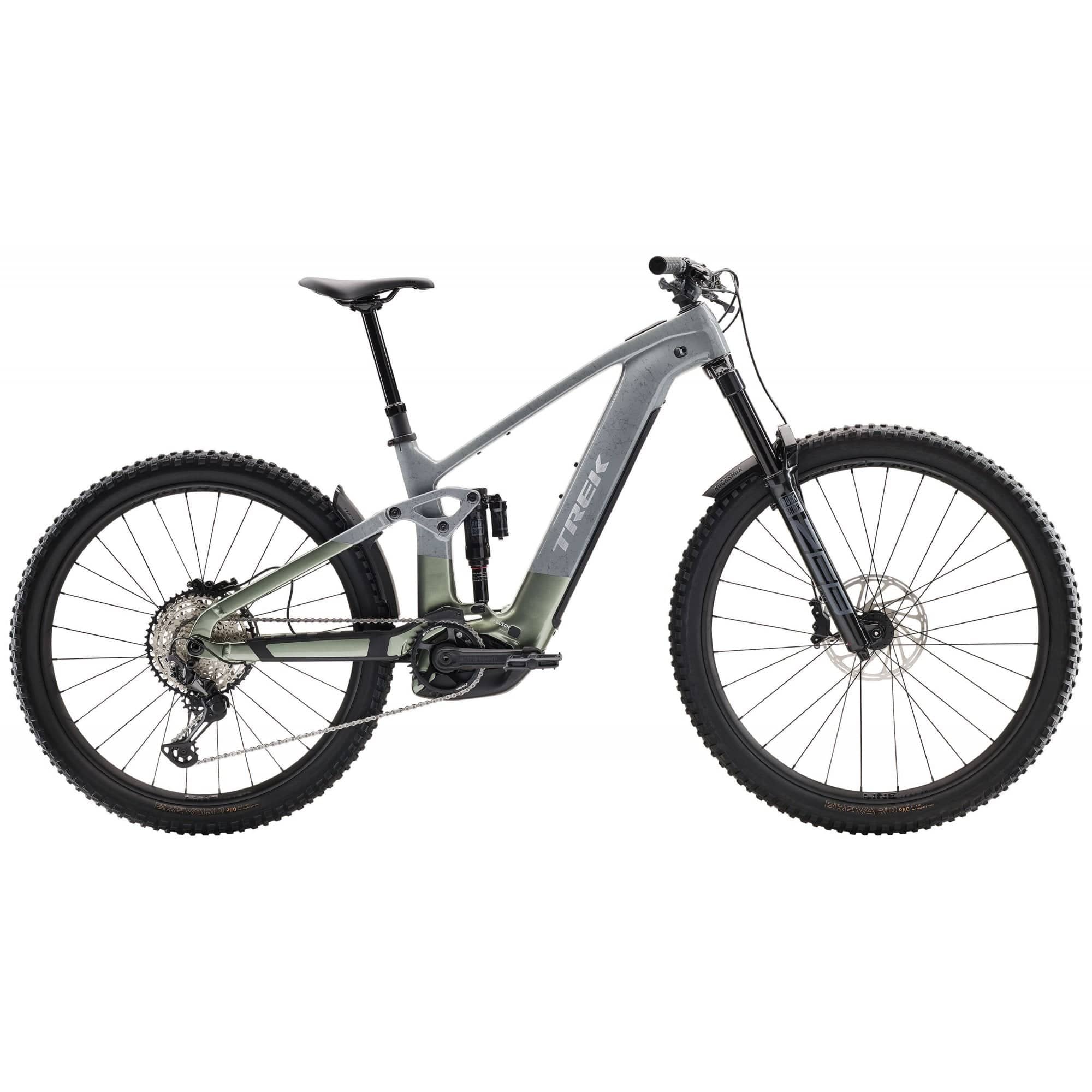 Trek Rail+ 9.7 2025 e-Mountain Bike with Shimano Deore XT components and Gen 5 electric system, shown on trail.