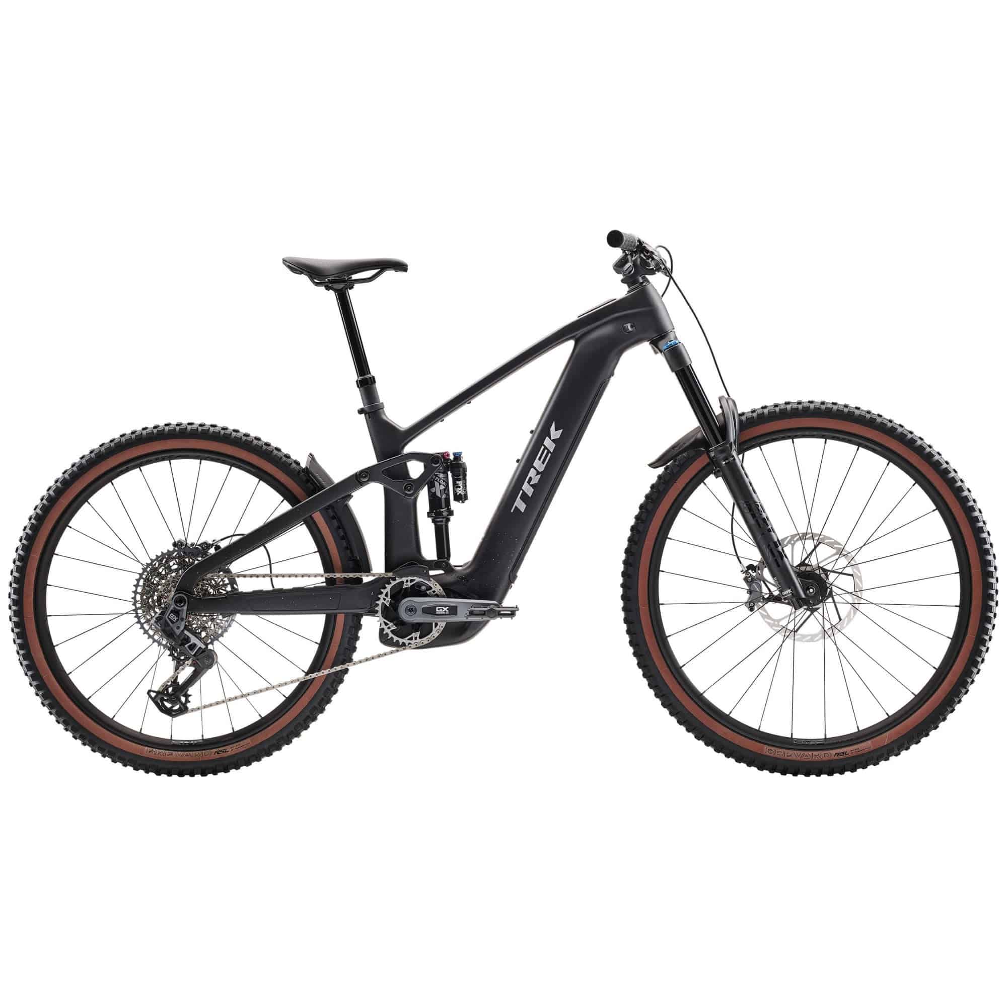 Trek Rail+ 9.8 GX AXS 2025 electric mountain bike with 29-inch wheels and Gen 5 motor, black frame and full suspension.