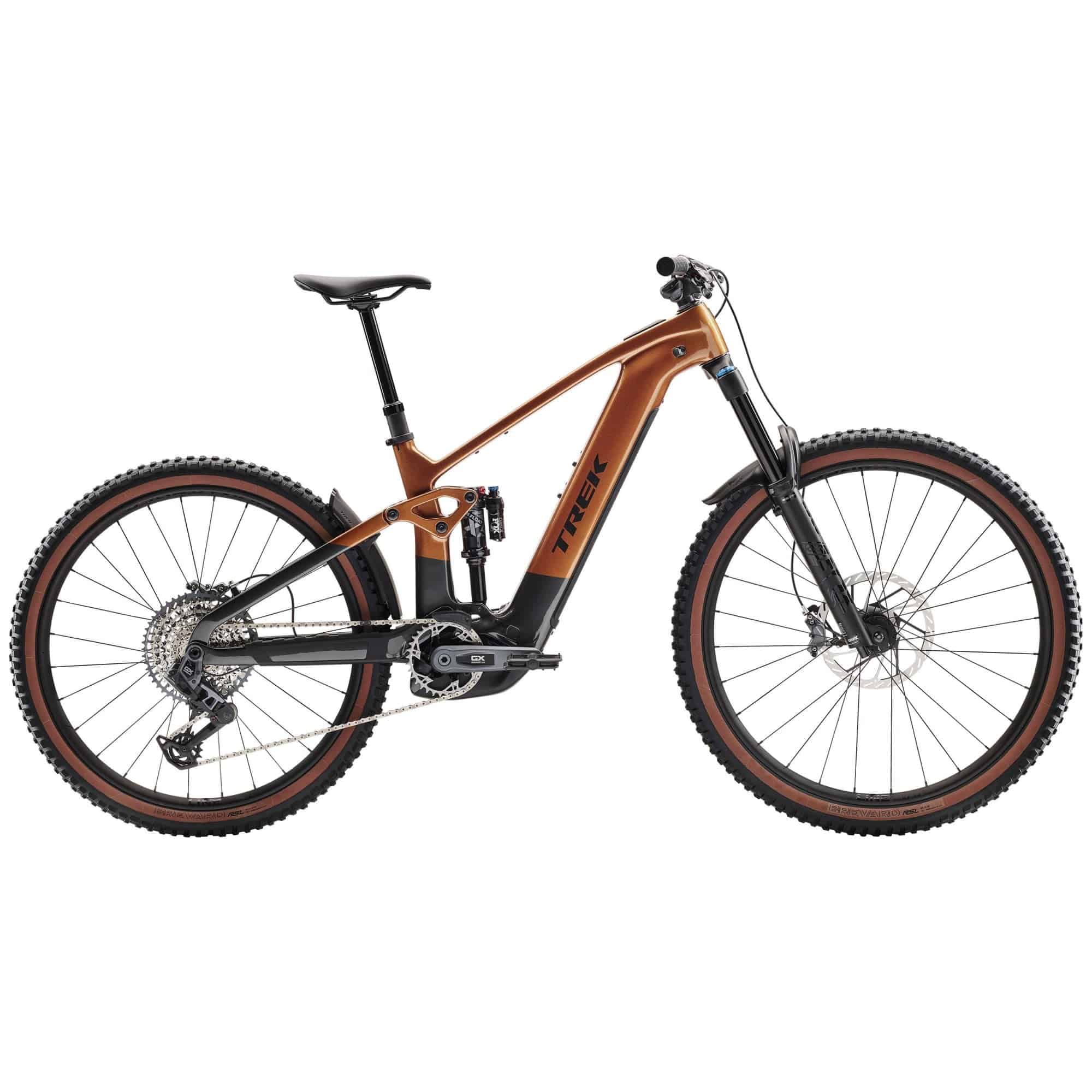 Trek Rail+ 9.8 GX AXS 2025 electric mountain bike with 29-inch wheels and Gen 5 motor, shown from the side.