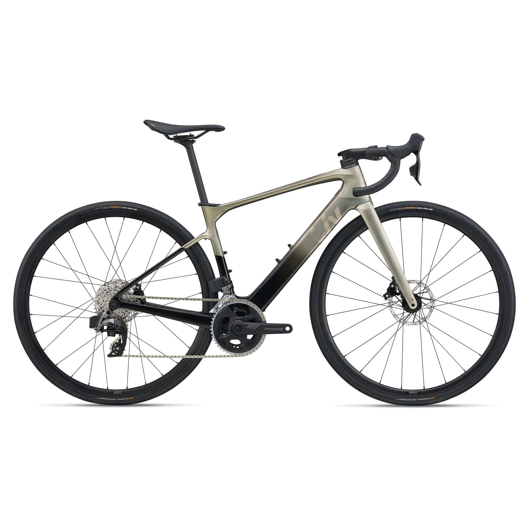 Liv Avail Advanced E+ Elite 2 women's e-road bike with SyncDrive motor and SRAM Rival AXS shifters, featuring a sleek design.