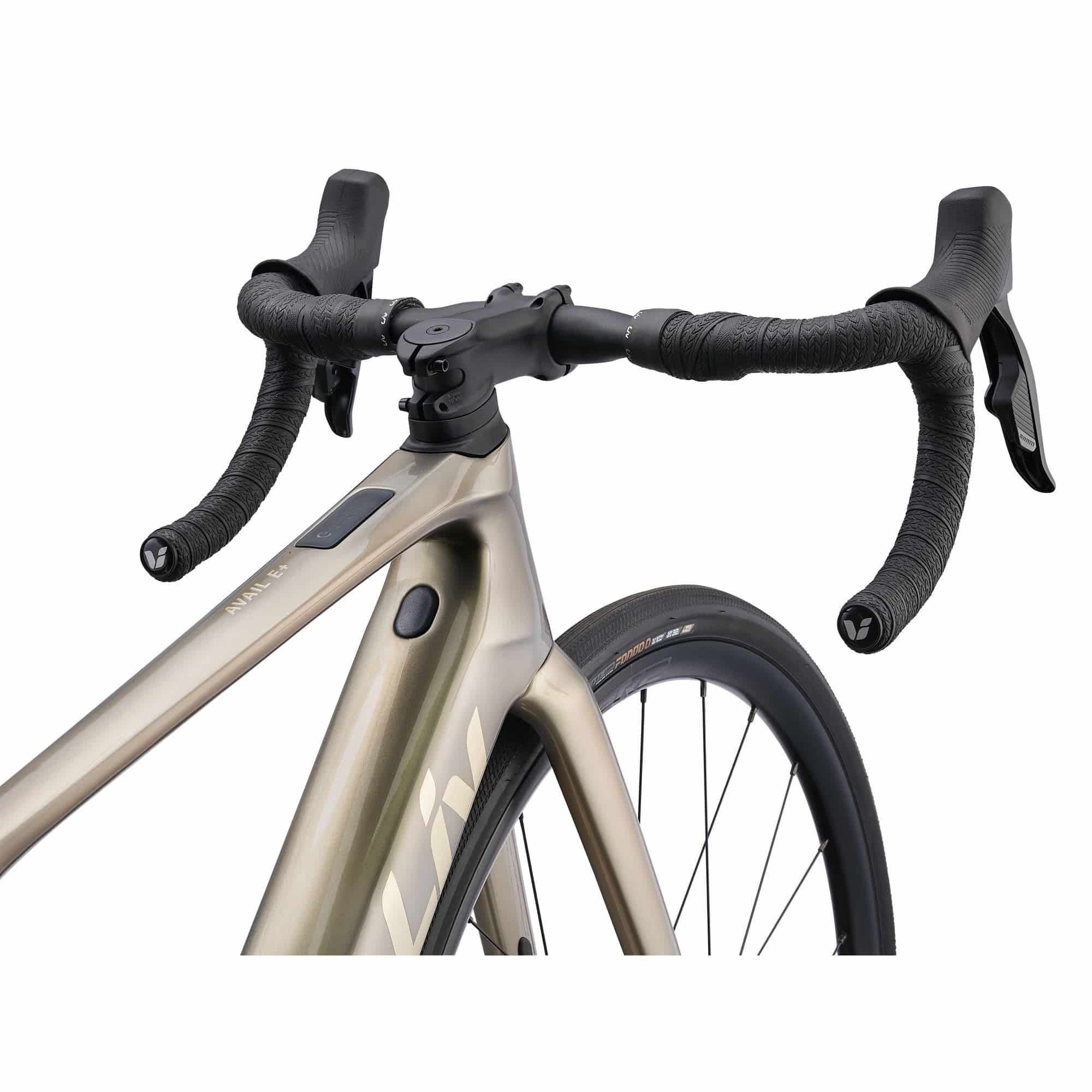 Liv Avail Advanced E+ Elite 2 women's E-road bike with SyncDrive motor and SRAM Rival AXS shifters, black and pink frame details.