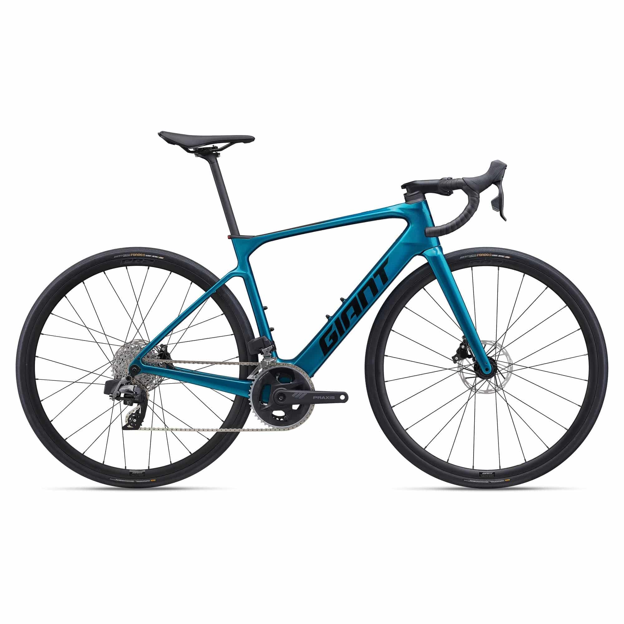 Giant Defy Advanced E+ Elite 2 e-road bike with SyncDrive Move Plus motor and SRAM wireless drivetrain, shown from side view.