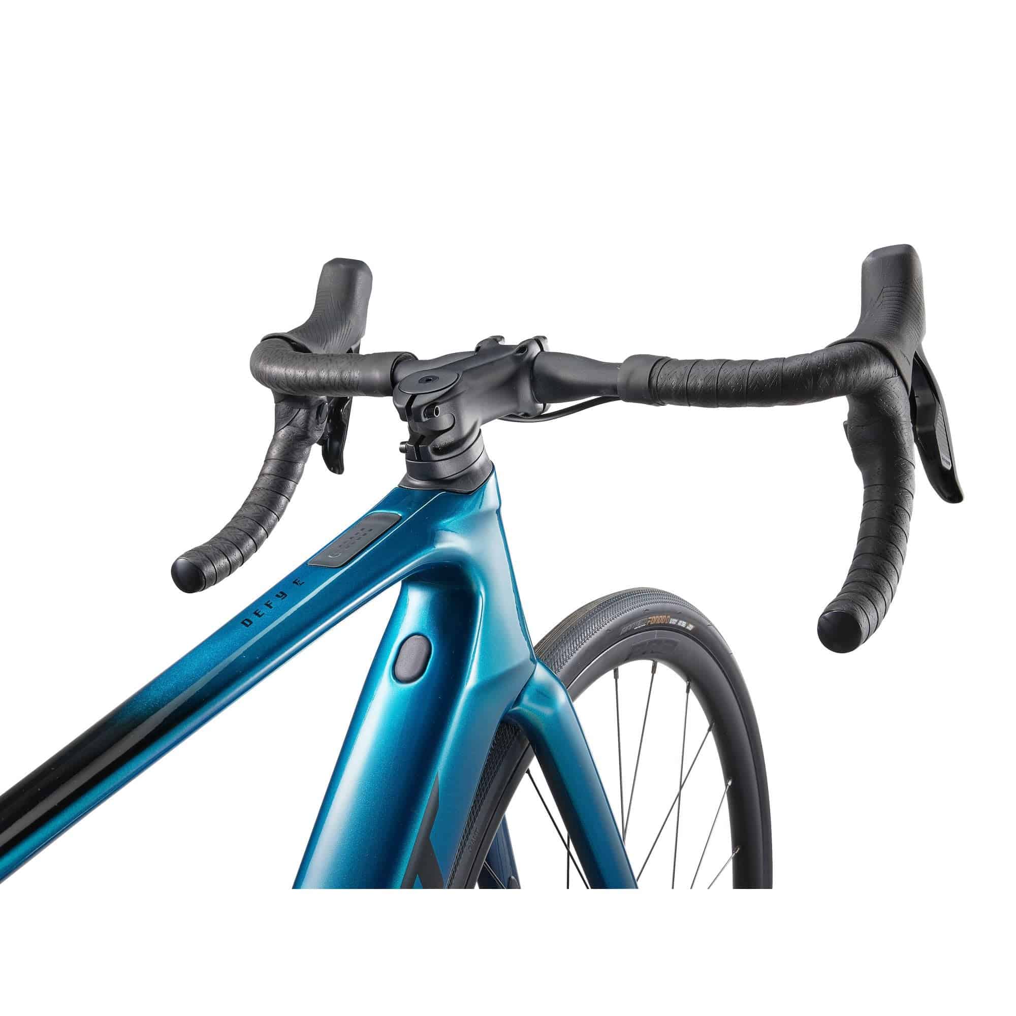 Giant Defy Advanced E+ Elite 2 e-road bike with SyncDrive Move Plus motor and SRAM wireless drivetrain, front view.