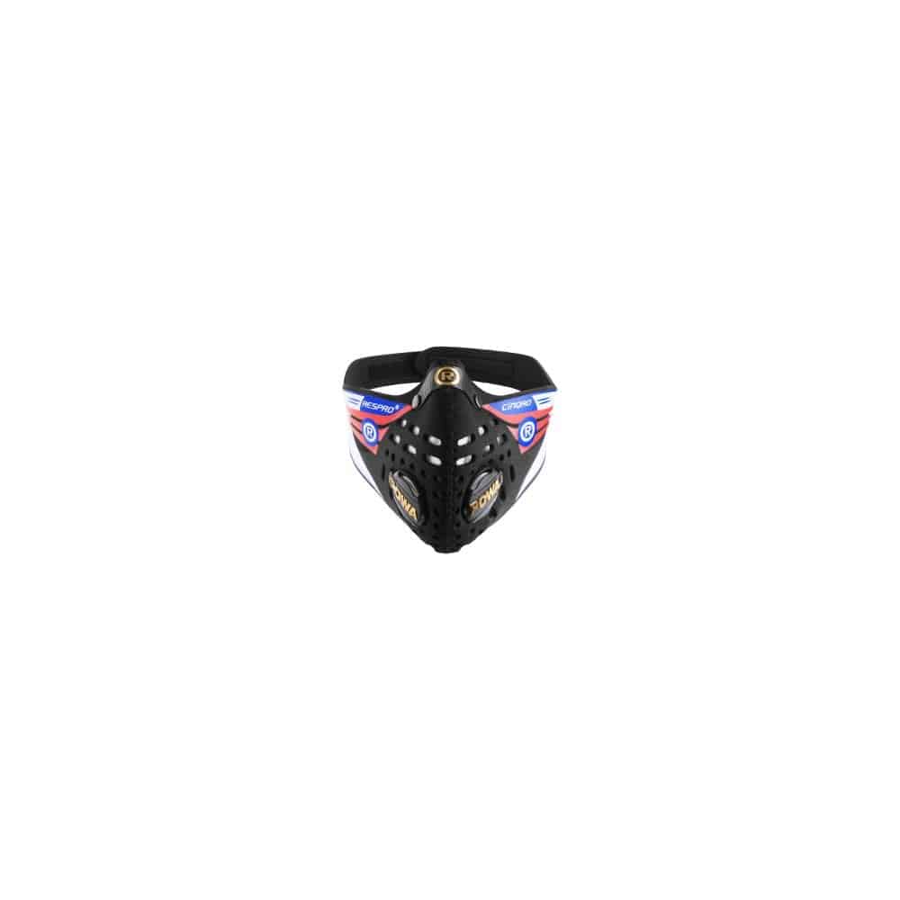 Respro Cinqro black large mask with HEPA filter for urban sports, featuring adjustable straps and breathable fabric.