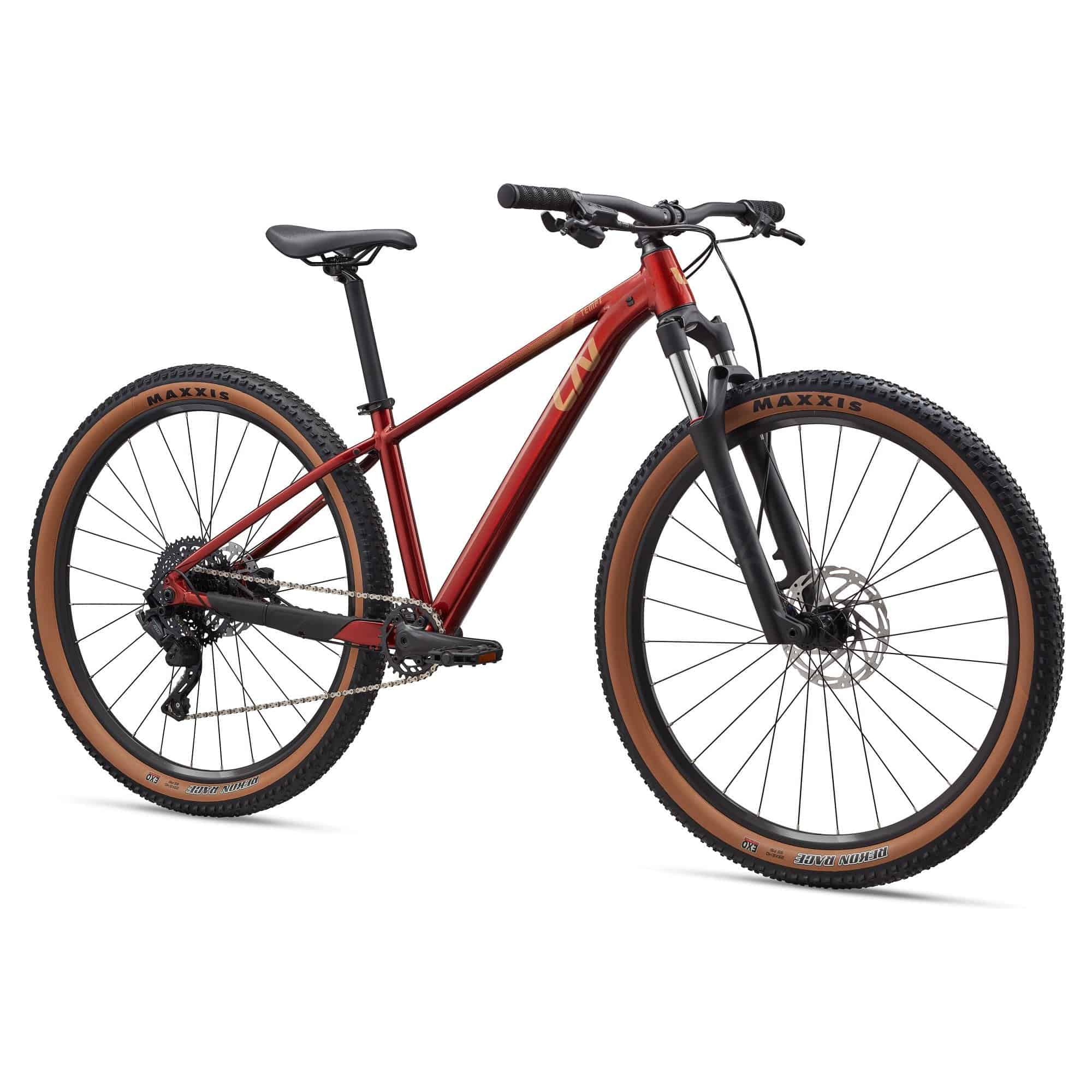 Liv Tempt 2 mountain bike with ALUXX aluminum frame, 27.5/29-inch wheels, and 1x drivetrain, shown in a riding position.