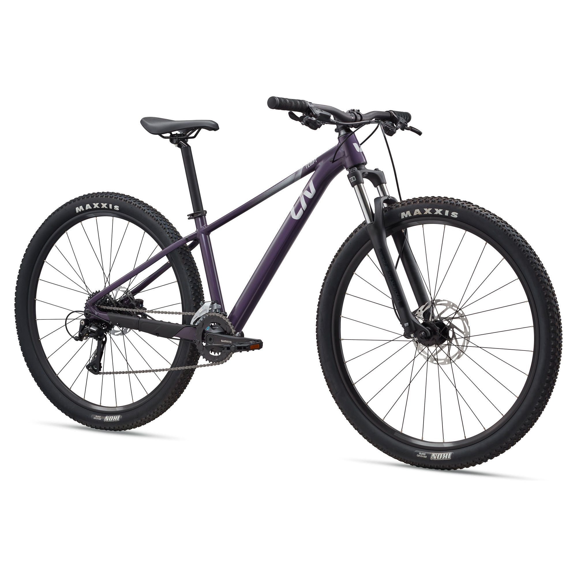 Liv Tempt 3 women's mountain bike with ALUXX frame and Shimano Acera 1x drivetrain, shown from a side view on a trail.