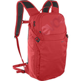 EVOC Ride 8L Backpack in True Red featuring helmet flap and tool compartment for cycling accessories.