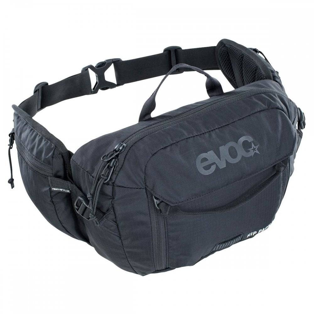 EVOC hip pack hydration bag with 3L capacity and 1.5L bladder, ventilated cycling accessory for outdoor adventures.