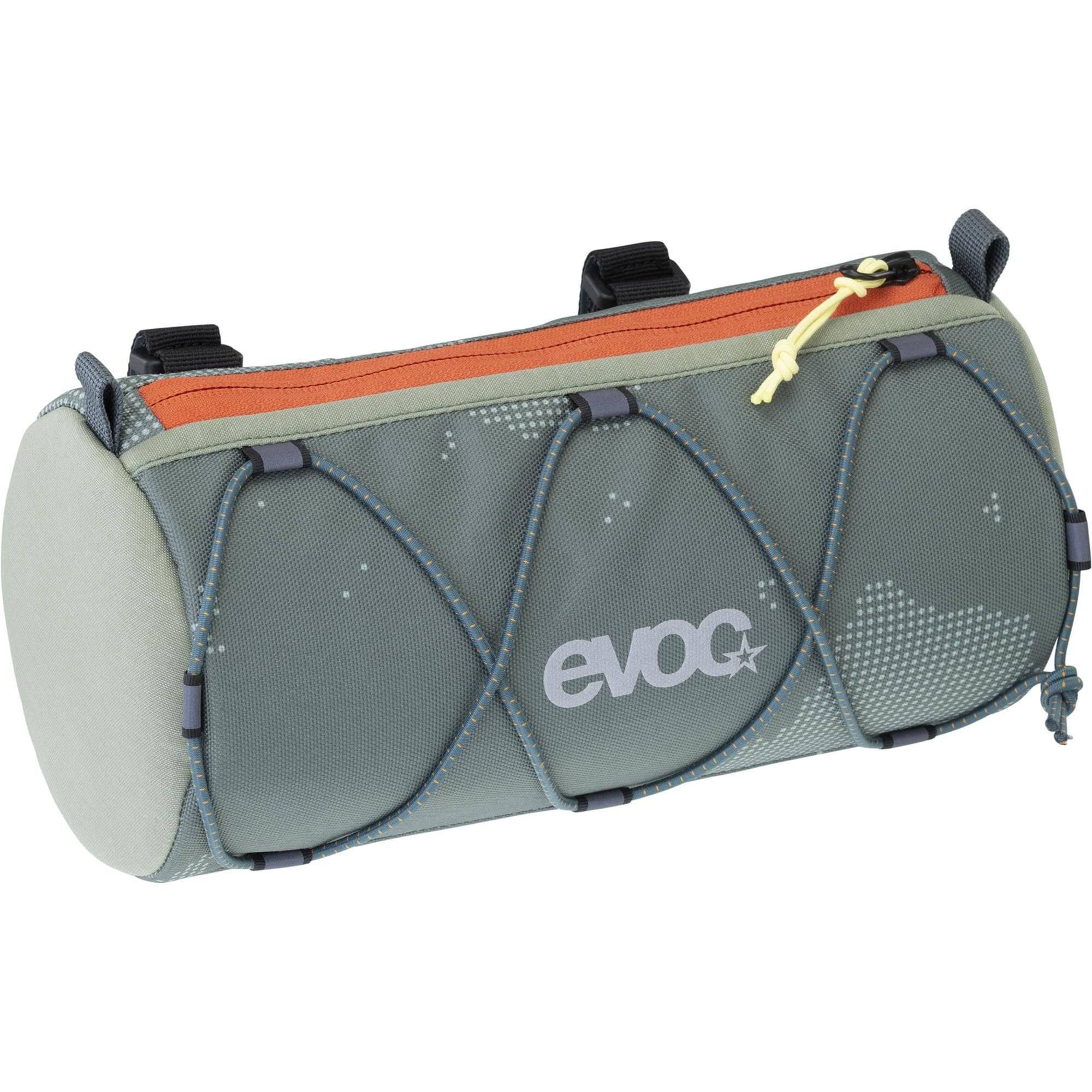 EVOC Handlebar Roll Upcycle Bag attached to a bicycle handlebar, eco-friendly bike accessory in a random color, durable and practical.
