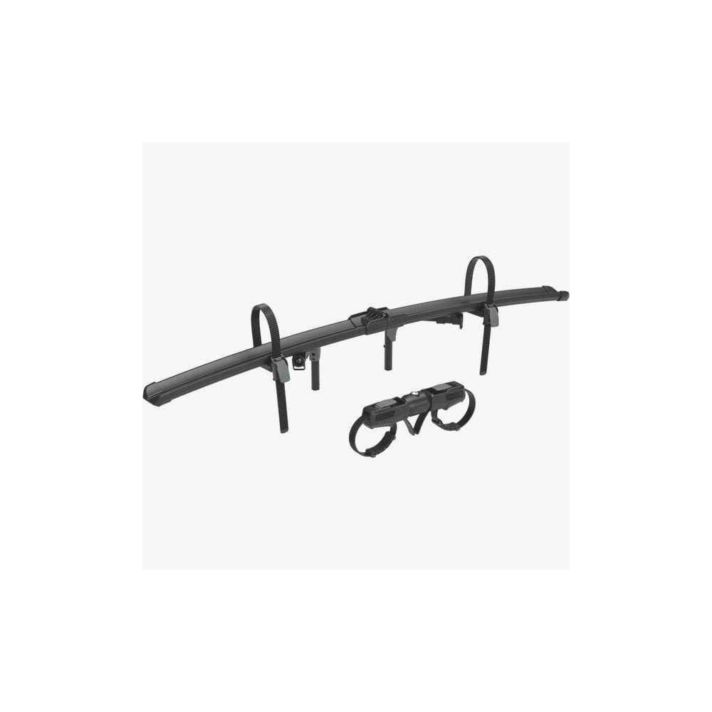 Thule EasyFold 3 foldable bike adapter for adding a third or fourth bike to Thule bike racks, shown attached to a bike carrier.