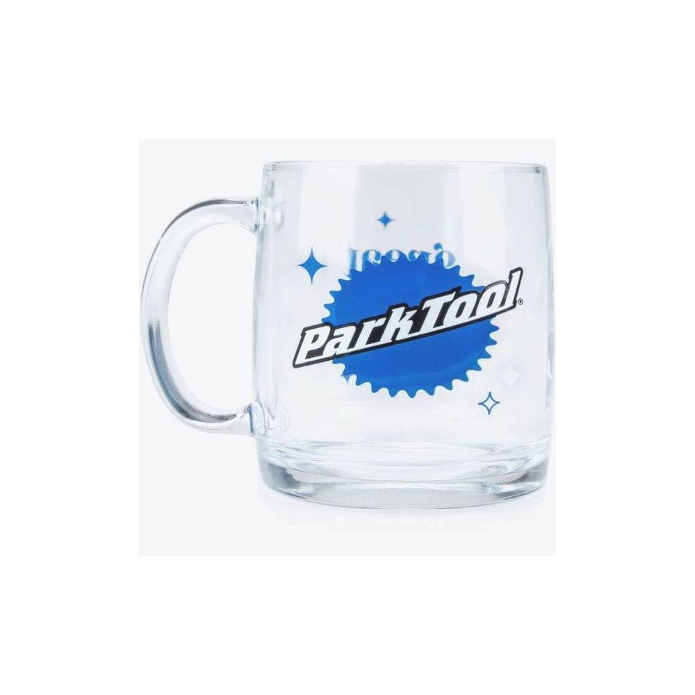 Park Tool MUG-7 glass mug with logo, 370ml capacity, microwave and dishwasher safe, featuring a durable design for cycling enthusiasts.