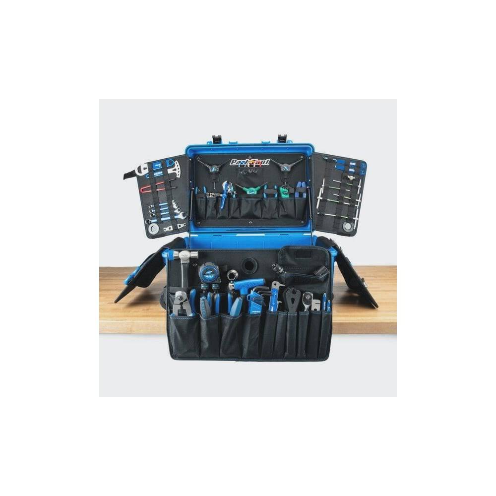 Park Tool BRK-1 Big Rolling Kit with BX-3 Toolbox for professional bike repair, includes workshop tools and storage case.
