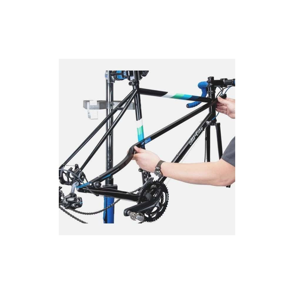 Park Tool FAI-2 Frame Alignment Indicator for accurate bike frame measurement in a workshop setting.