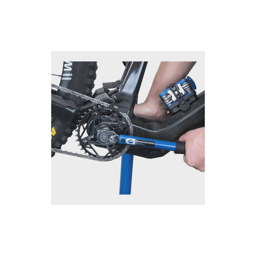 Park Tool LRT-5 Direct Lockring Tool for Fazua Ride 60 E-Bike systems on workshop setup, showing tool with gear teeth and handle.