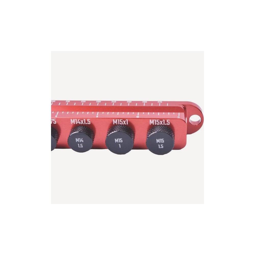 Wheels Manufacturing axle ruler plug gauge M9x26 for solid, QR, and thru axles, used for precise bike wheel measurements.