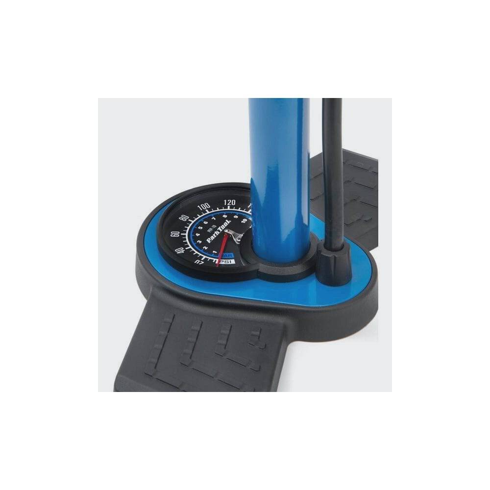 Park Tool PFP-10 home mechanic floor pump with universal valve head for Presta and Schrader bicycles and bike tire inflation.