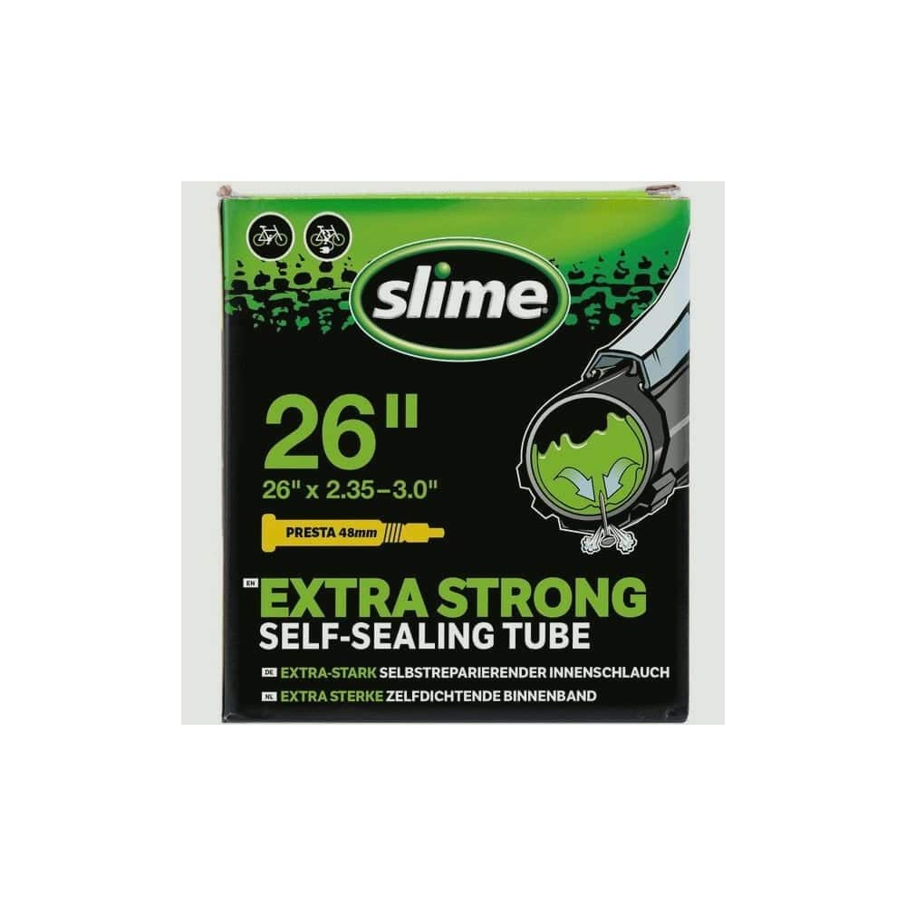 Slime Smart Tube 26-inch Presta valve inner tube with sealant for bicycle tires, featuring durable rubber construction.