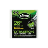 Slime Smart Tube 26x2.35-3.0 inch Presta valve inner tube with sealant for mountain bikes, showing the valve and sealing area.