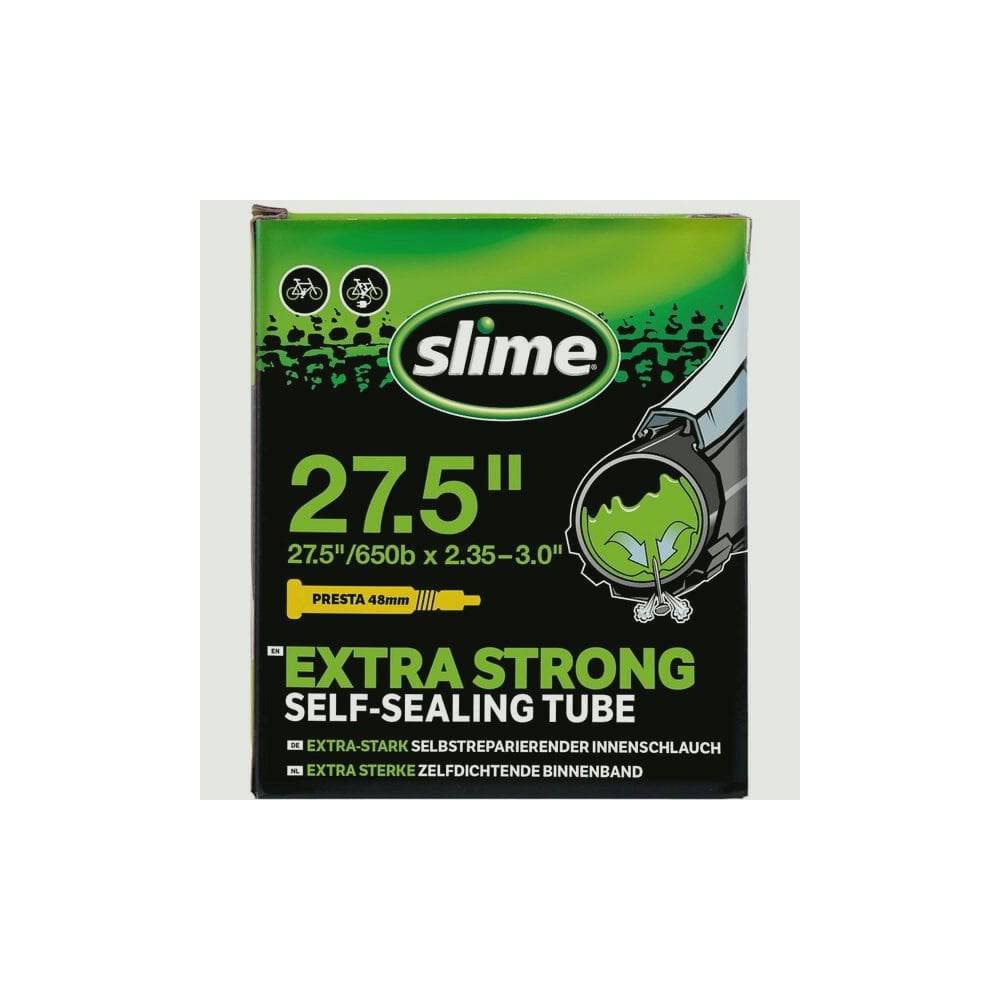 Slime Smart Tube for bike, 27.5 x 2.35-3.0 inches, Presta valve with sealant, designed for mountain bike tires.