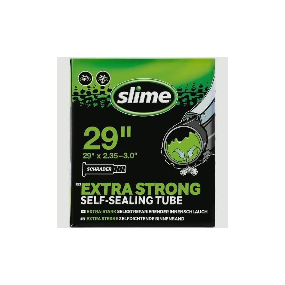 Slime Smart Tube 29 x 2.35-3.0 inch Schrader valve puncture sealant inner tube for bicycle tires, with valve and sealed edges.
