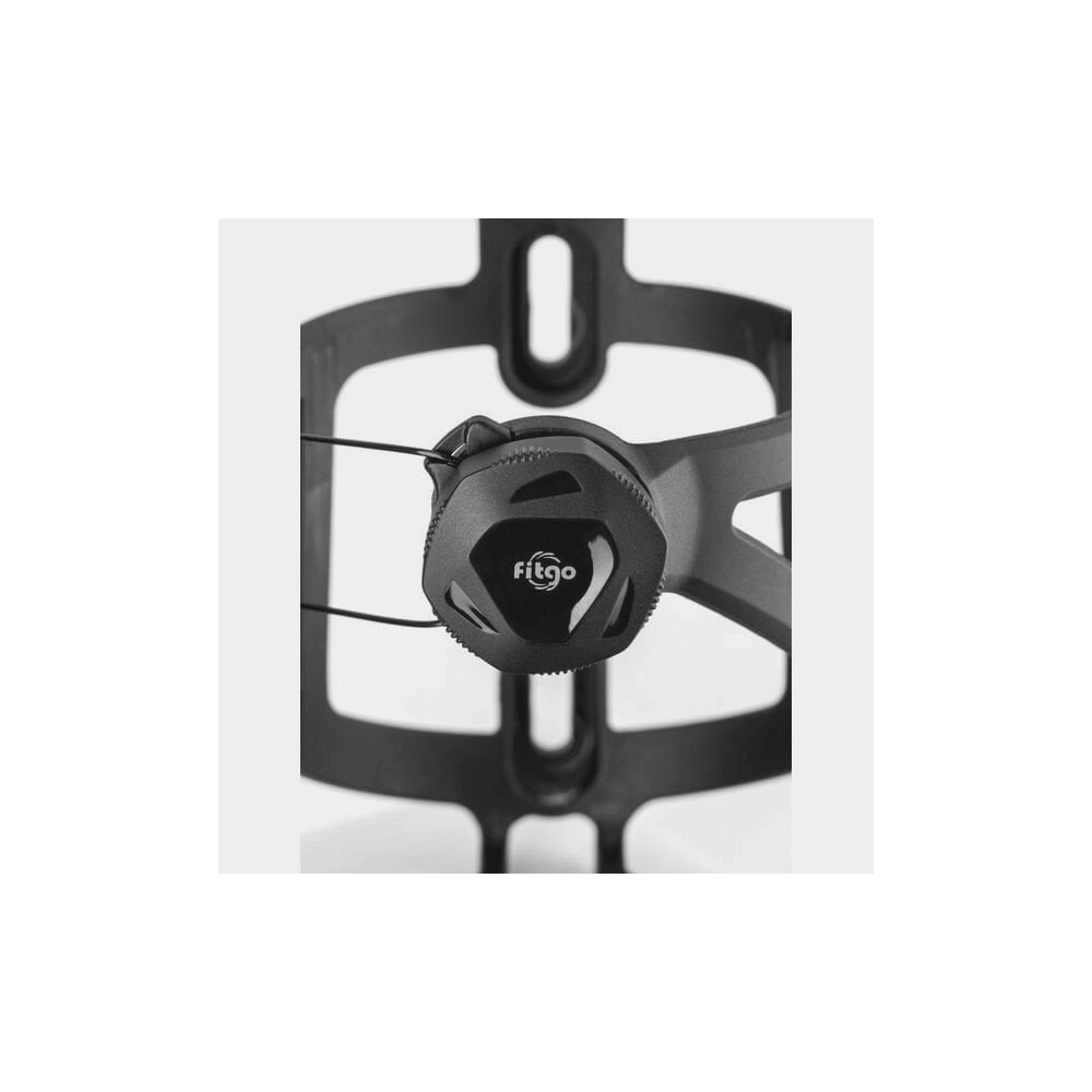 Black Elite Struka Microadjust adjustable bike bottle cage mounted on a bicycle, showcasing its sleek design and secure hold.