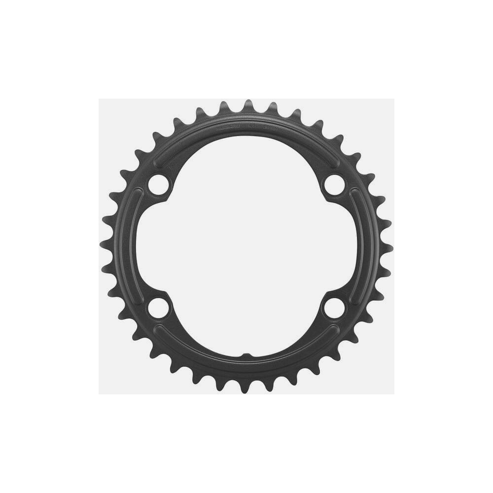 Shimano 105 FC-R7100 12-speed 36-tooth inner chainring for 52/36T crankset, bike component with black finish and gear teeth.