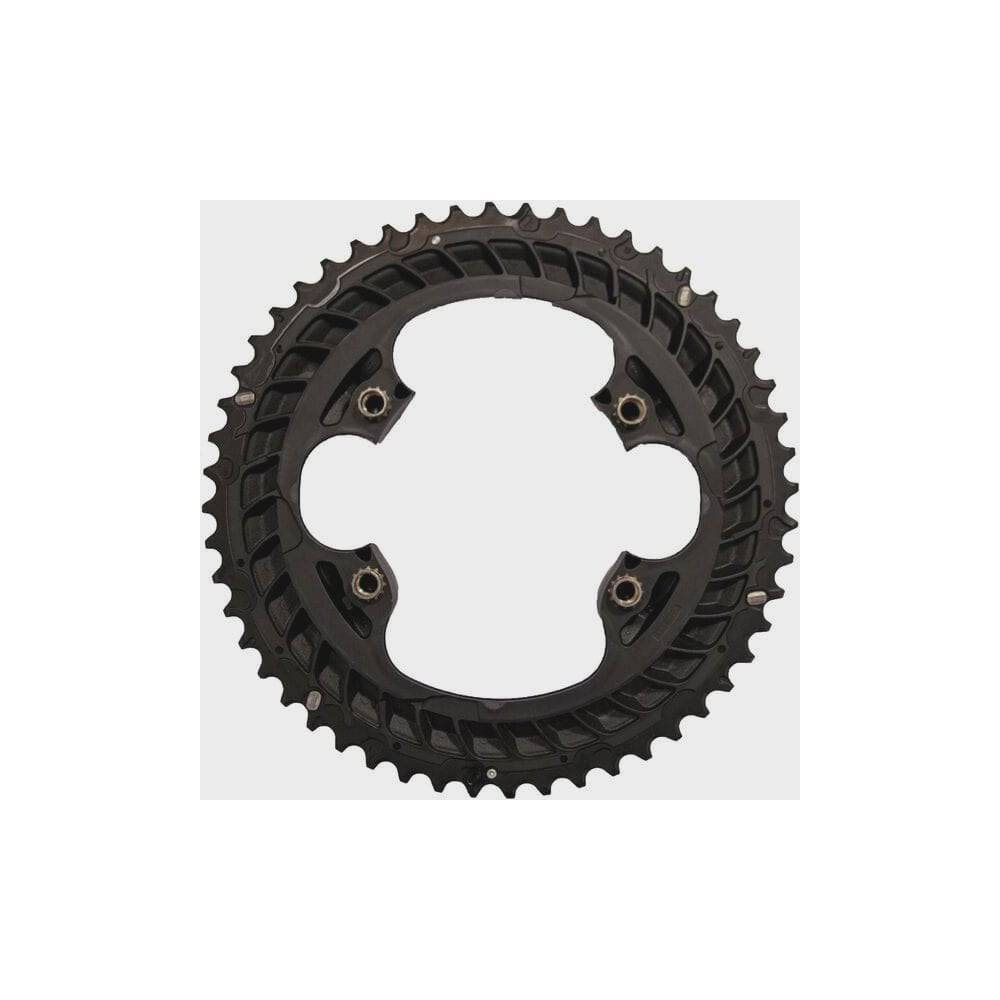 Shimano 105 FC-R7100 12-speed 52-tooth outer chainring for 52/36T crankset, black metal bike component with teeth.