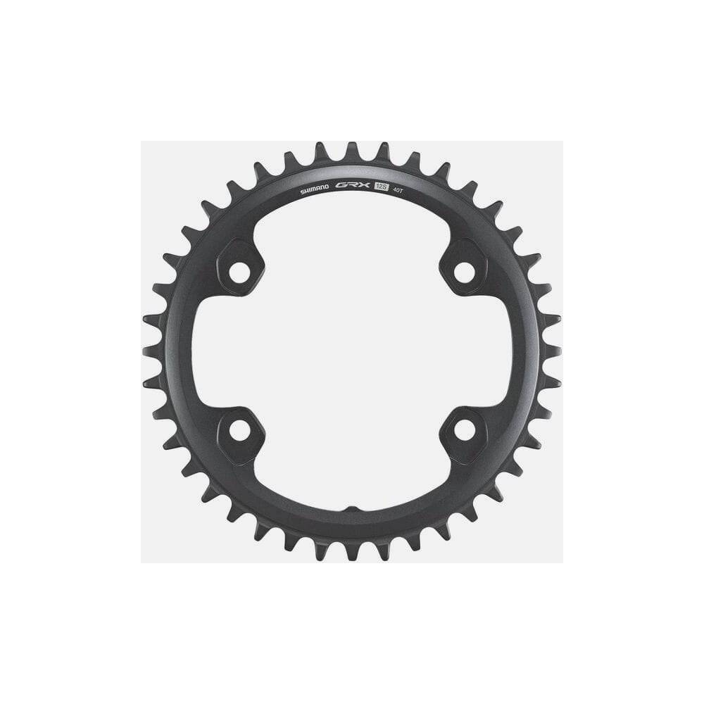 Shimano GRX FC-RX820-1 12-speed 40T single chainring for gravel and road bikes, close-up of black bicycle component.