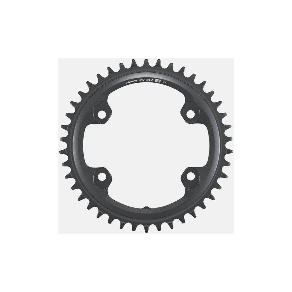 Shimano GRX FC-RX820-1 42T single chainring for 12-speed 1X drivetrain, showing the black metal gear with teeth.