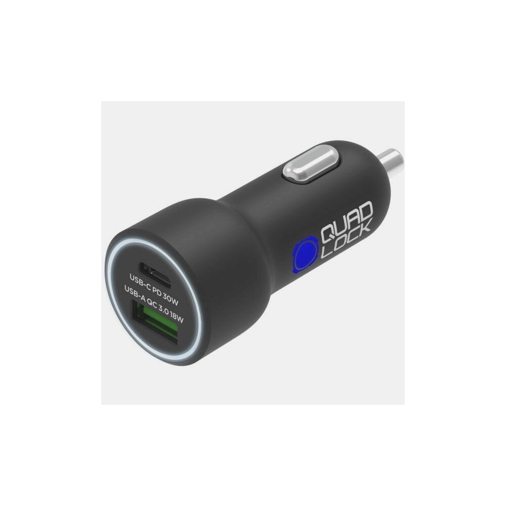 Quad Lock dual USB car charger with 48W fast adaptive charging and QC 3.0, designed for vehicle accessories.