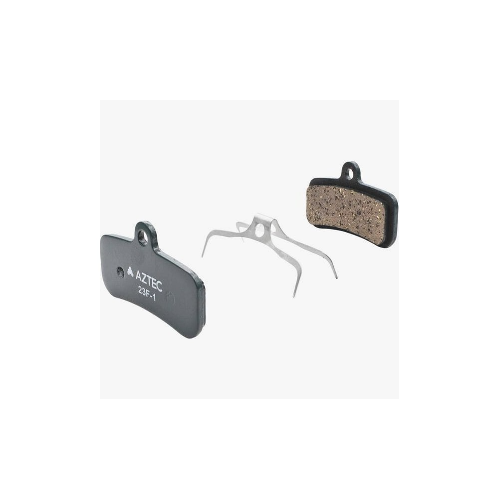 Aztec e-bike disc brake pads for Shimano Saint M810, M820, Zee M640, and TRP Quadiem, showing brake pad components and packaging.