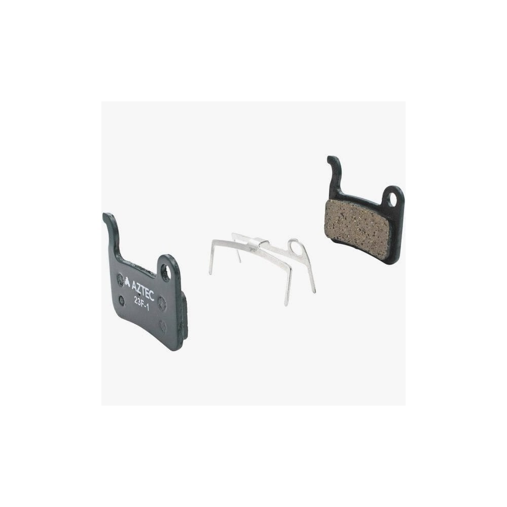 Aztec e-Bike disc brake pads for Shimano XTR M975, M965, M966, Saint M800 bike components, shown with mounting surface and brake material.