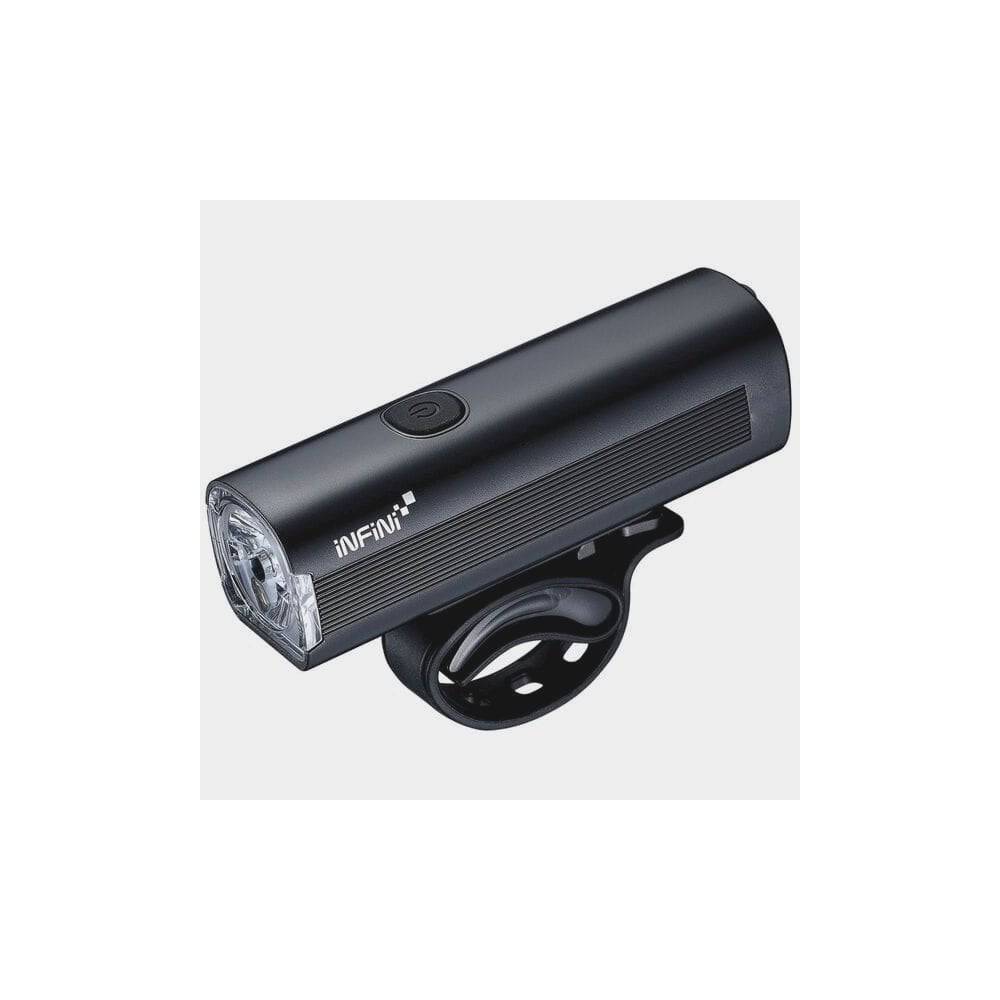 Infini KOR 400 rechargeable bike front light with 400 lumens and 5 modes, mounted on a bicycle for visibility during night riding.