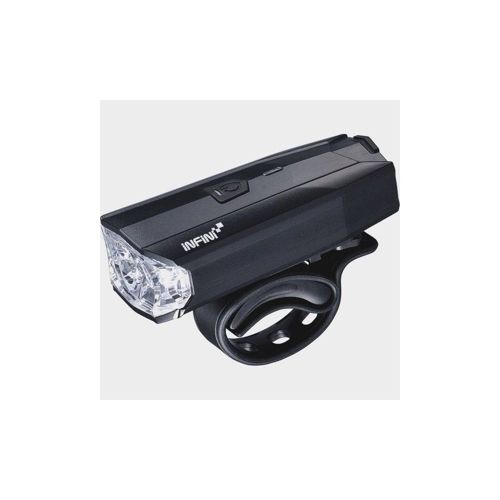 Infini Lava 500 Lite rechargeable front bike light with five modes and USB charging port, mounted on a bicycle handlebar.