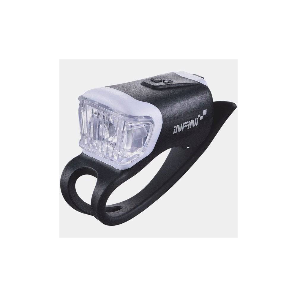 Infini Orca USB rechargeable front bike light with silicone mount, black, designed for bike safety and visibility.