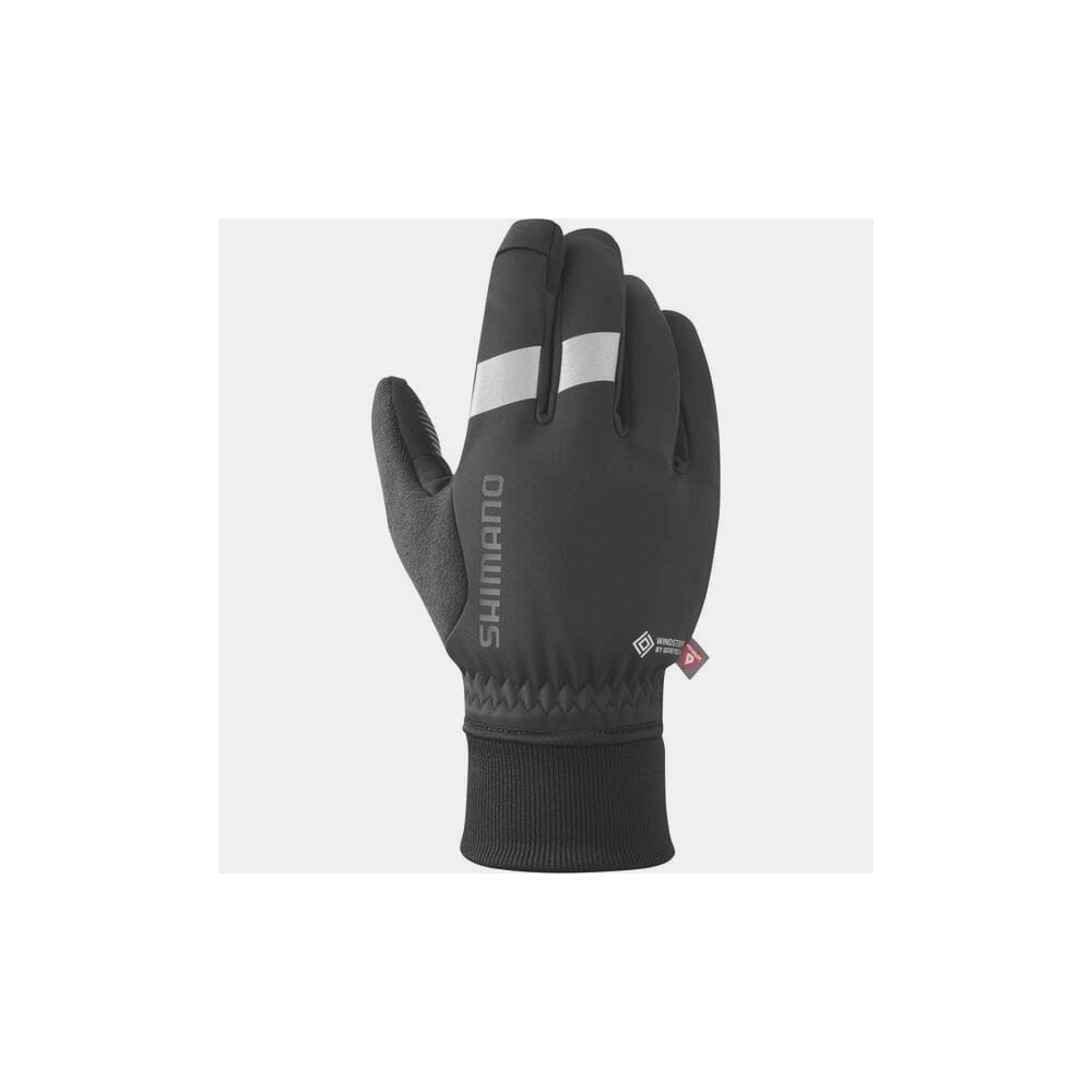 Shimano unisex WINDSTOPPER insulated gloves with touchscreen fingertips and reflective safety features, suitable for cold weather cycling.
