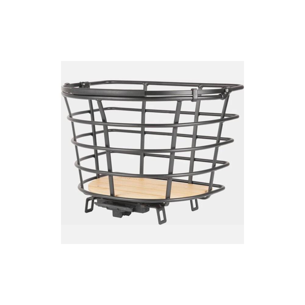AtranVelo Epic Curve AVS bike basket with bamboo base, 24.5-litre capacity, mounted on a bicycle for carrying essentials.