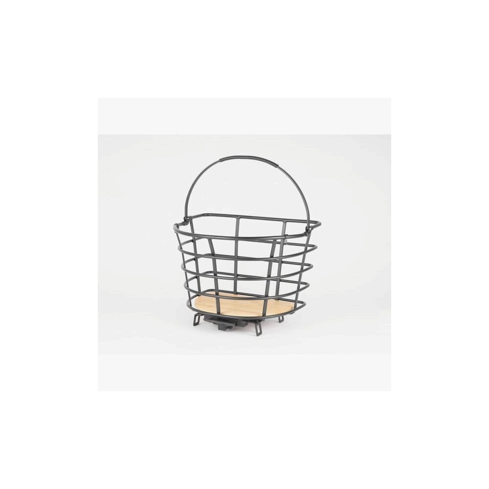 AtranVelo EPIC CURVE AVS bike basket with bamboo base and 24.5-litre capacity, mounted on a bicycle for carrying gear.
