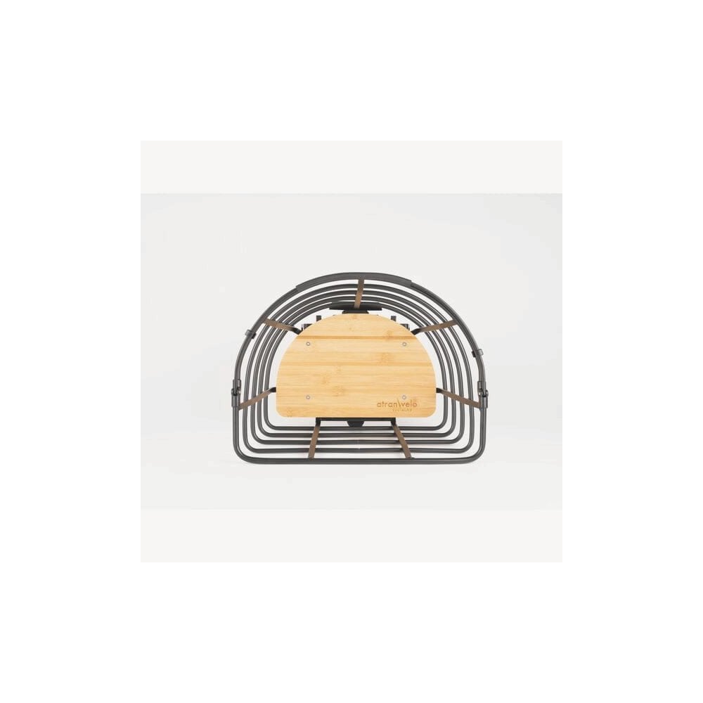 AtranVelo EPIC CURVE AVS bike basket with bamboo base, 24.5L capacity, mounted on a bicycle for carrying accessories.