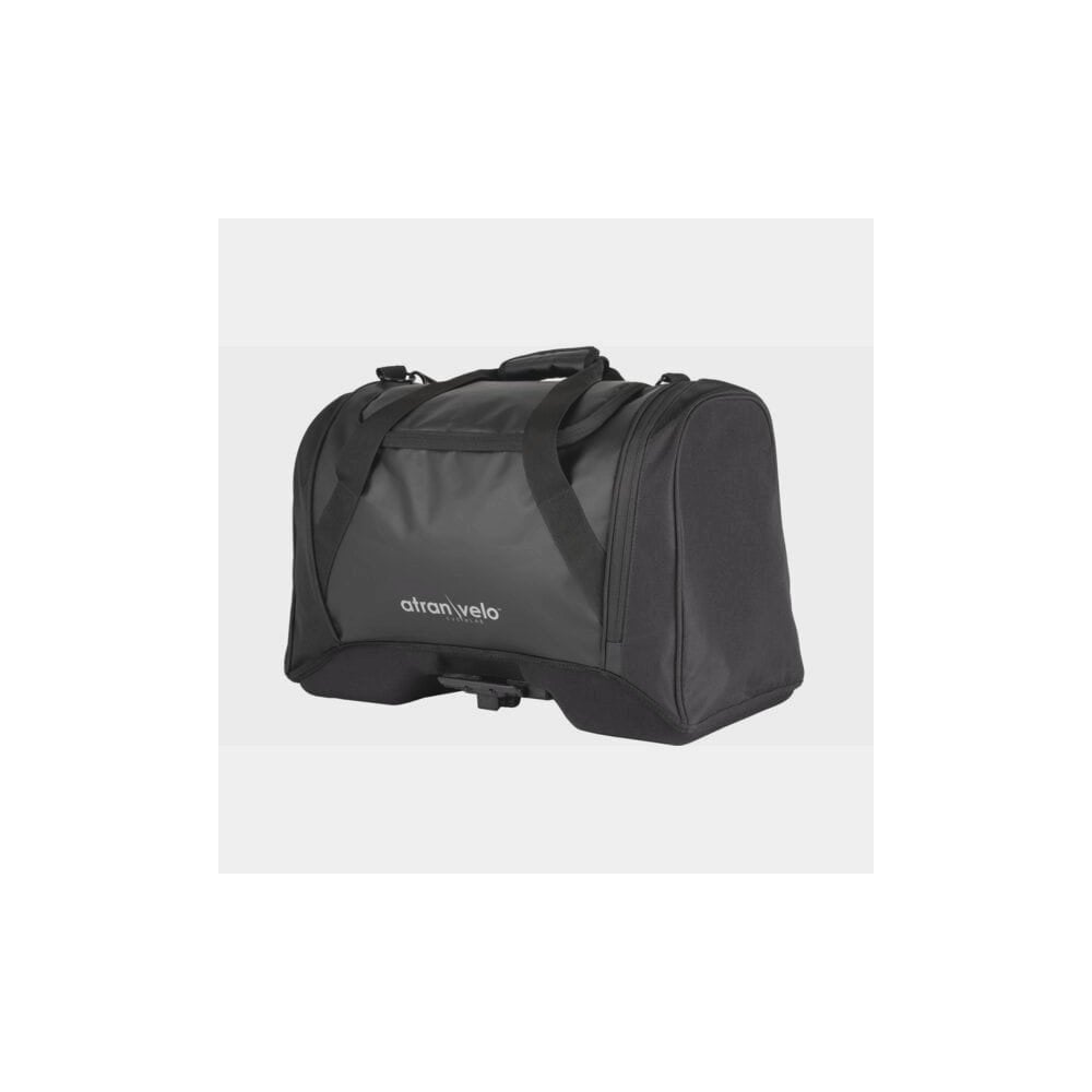 Black AtranVelo PULSE AVS 36L duffle bag with AVS mounting system, shown from a side angle with straps and zippers visible.